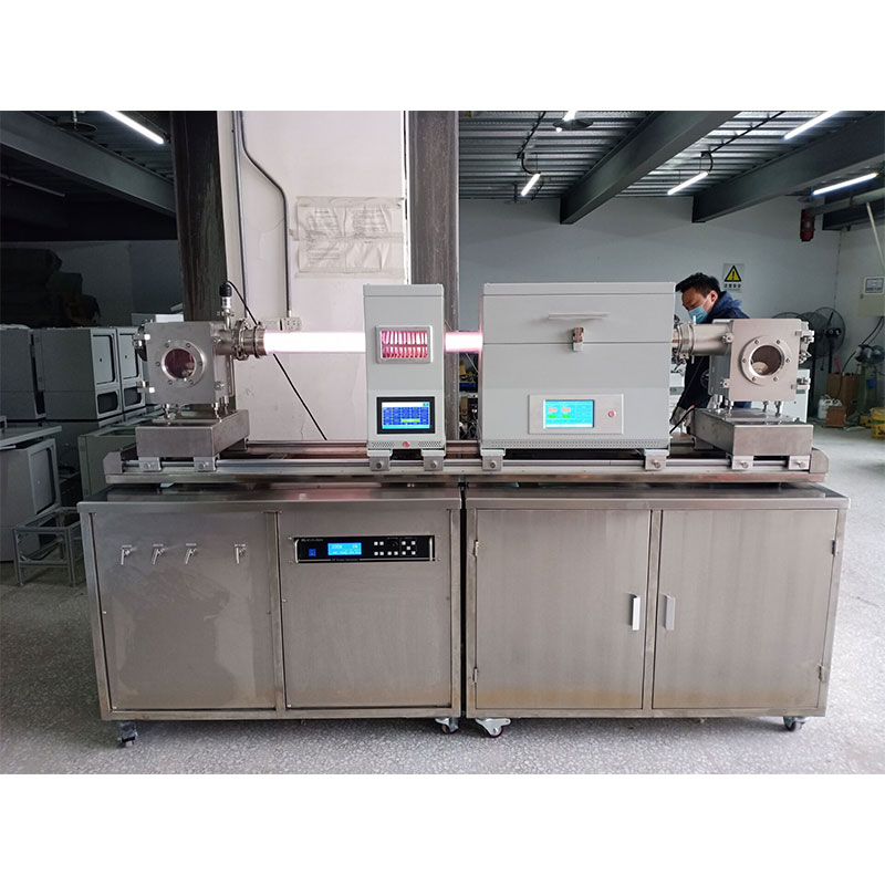 Picture of Dual Zones plasma enhanced chemical vapor deposition device (PECVD) equipped with a  roll-to-roll movement system